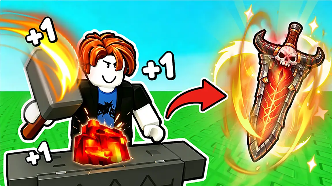 Official thumbnail: hammering glowing ore on an anvil into a flaming skull greatsword